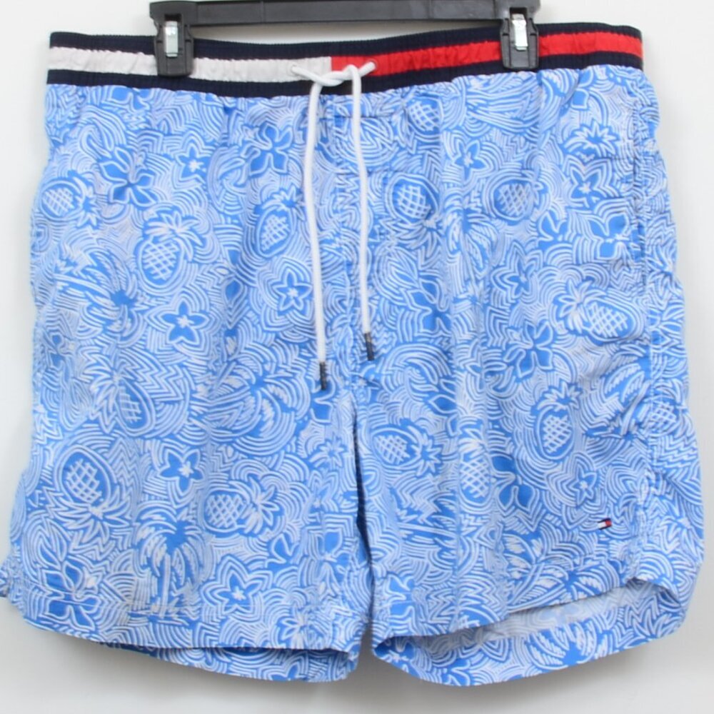 Tommy Hilfiger Men's Blu White Swim Shorts Lining Drawstring Size L Trunks Pool